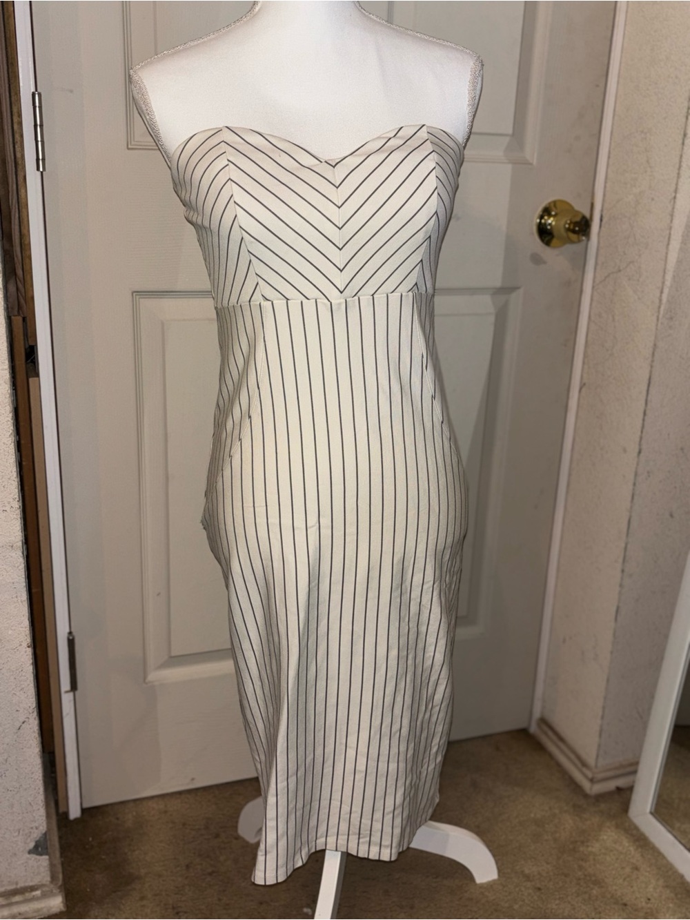 Striped Strapless Midi Dress - White with Black Pinstripes